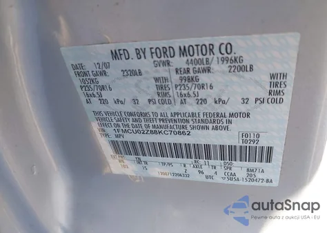 2008 Ford Escape z USA, uszkodzony, nr VIN 1FMCU02Z88KC70862